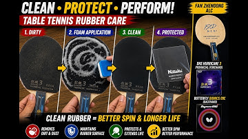 A table tennis racket being cleaned with a blue sponge